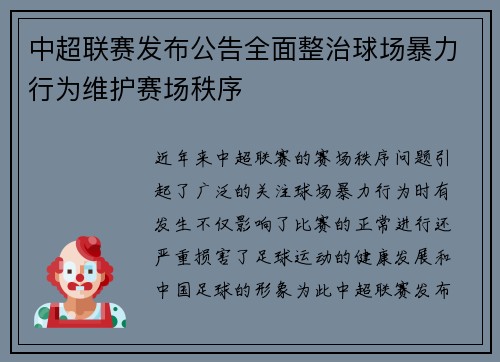 中超联赛发布公告全面整治球场暴力行为维护赛场秩序