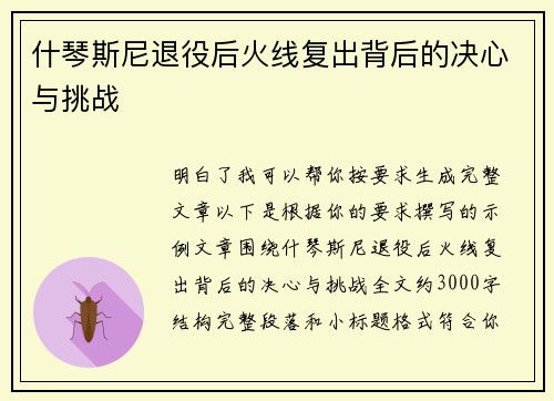 什琴斯尼退役后火线复出背后的决心与挑战