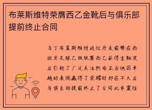 布莱斯维特荣膺西乙金靴后与俱乐部提前终止合同